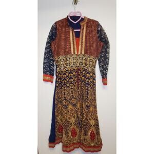 Women's Navy/Red/Gold Embroidered Kurta Boho